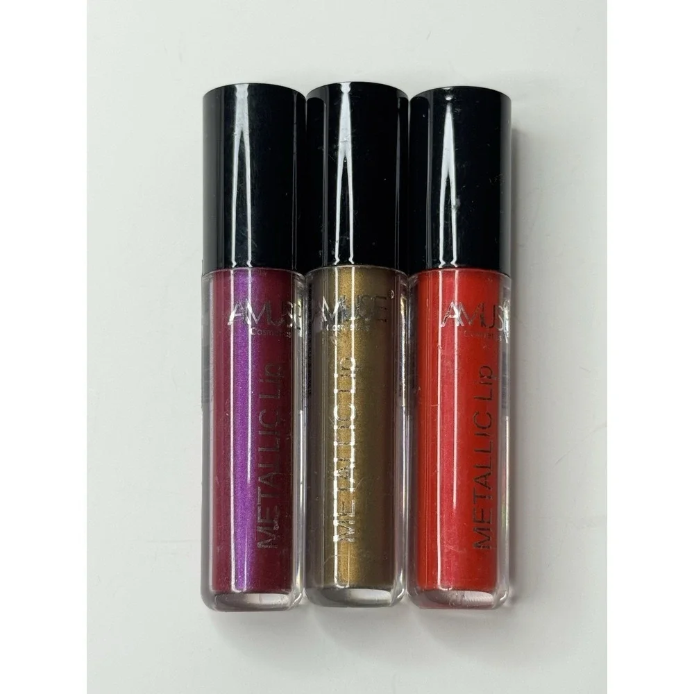Amuse Metallic Lip Gloss Set – Bold Red, Gold, Purple Trio